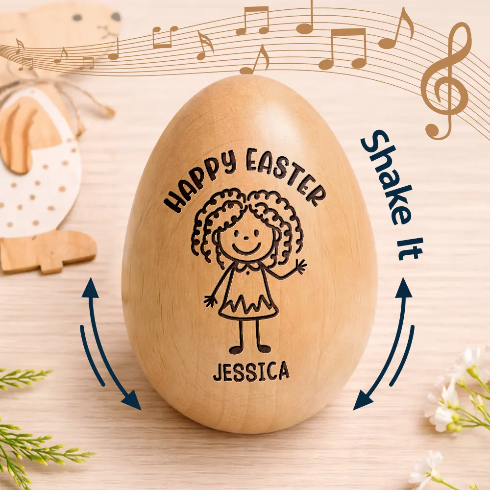 Happy Easter Kids Stick Figure - Personalized Musical Wooden Easter Egg Shaker - Image 2