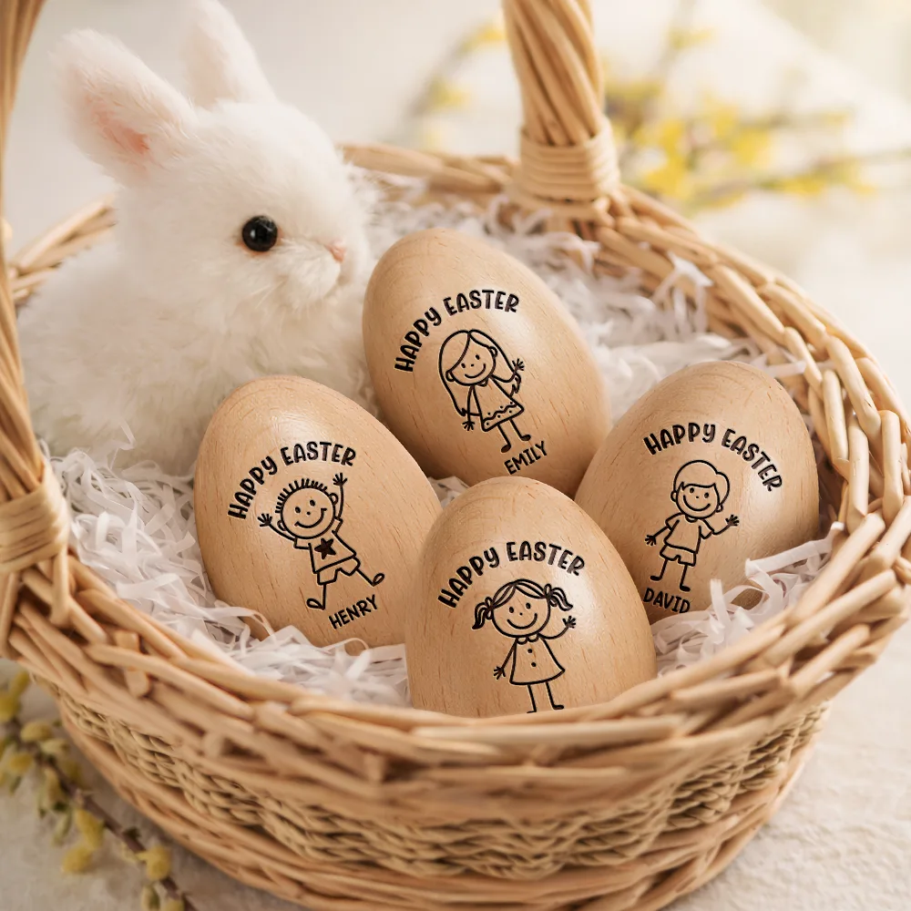 Happy Easter Kids Stick Figure - Personalized Musical Wooden Easter Egg Shaker - Image 3