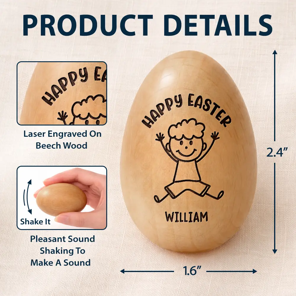 Happy Easter Kids Stick Figure - Personalized Musical Wooden Easter Egg Shaker - Image 5
