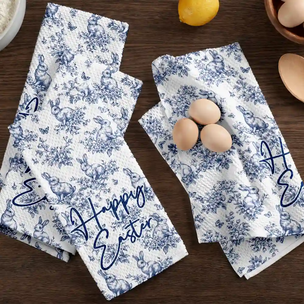 Happy Easter Toile Rabbit - Personalized Kitchen Towel - Image 5