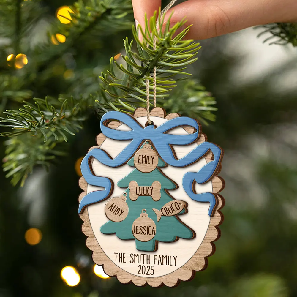 Happy Family Bow Tree - Personalized 2-Layered Wooden Ornament - Image 2