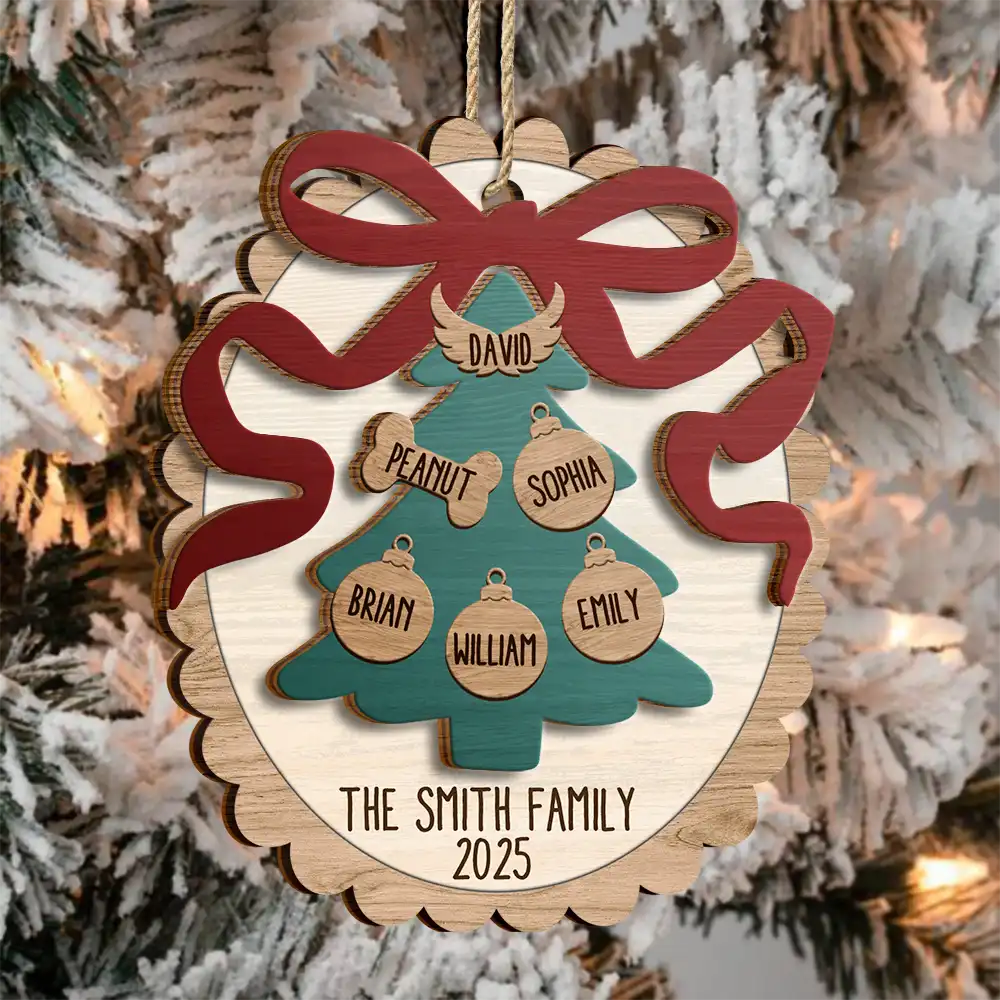 Happy Family Bow Tree - Personalized 2-Layered Wooden Ornament - Image 3