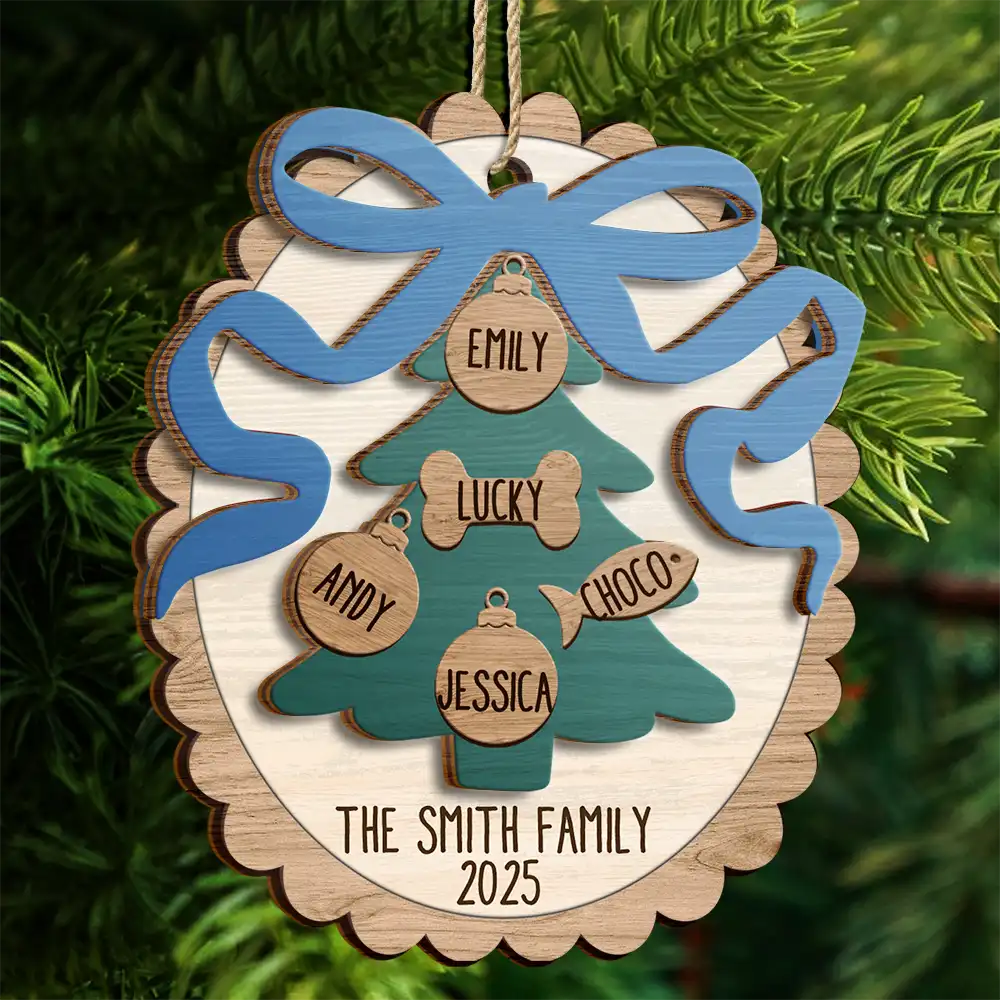 Happy Family Bow Tree - Personalized 2-Layered Wooden Ornament - Image 4