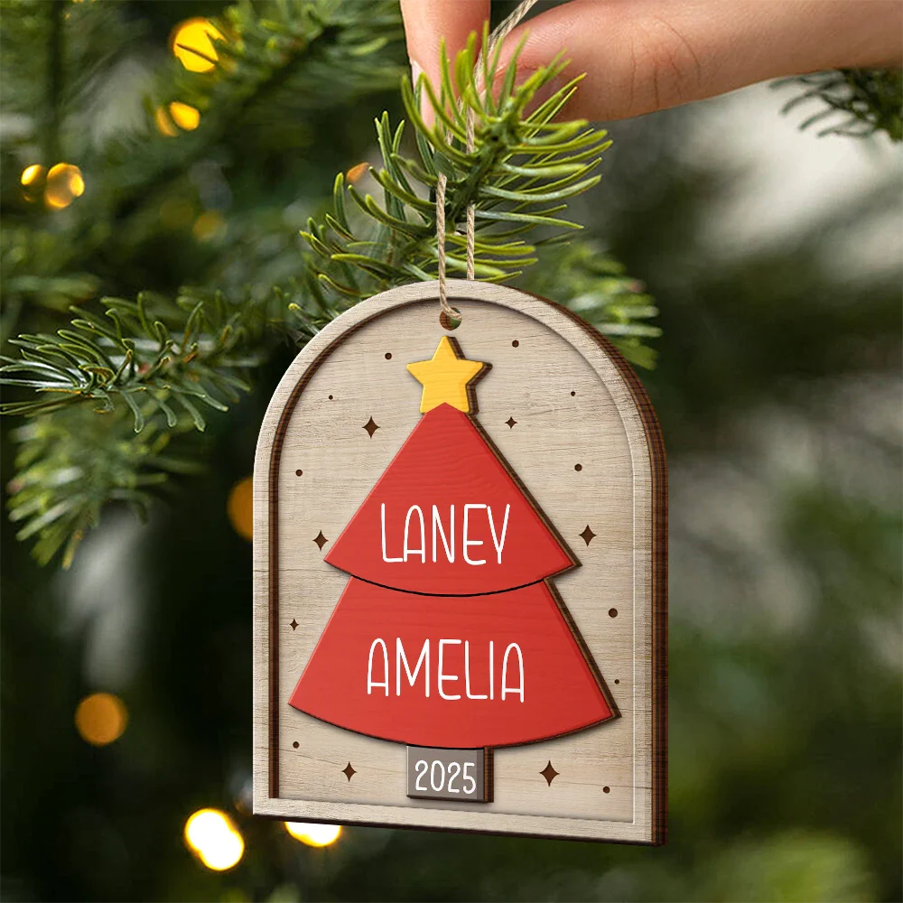 Happy Family Christmas Tree - Personalized 2-Layered Wooden Ornament - Image 2