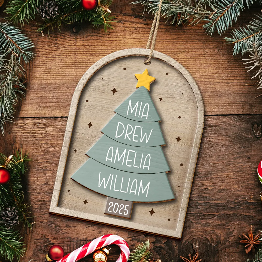 Happy Family Christmas Tree - Personalized 2-Layered Wooden Ornament - Image 4
