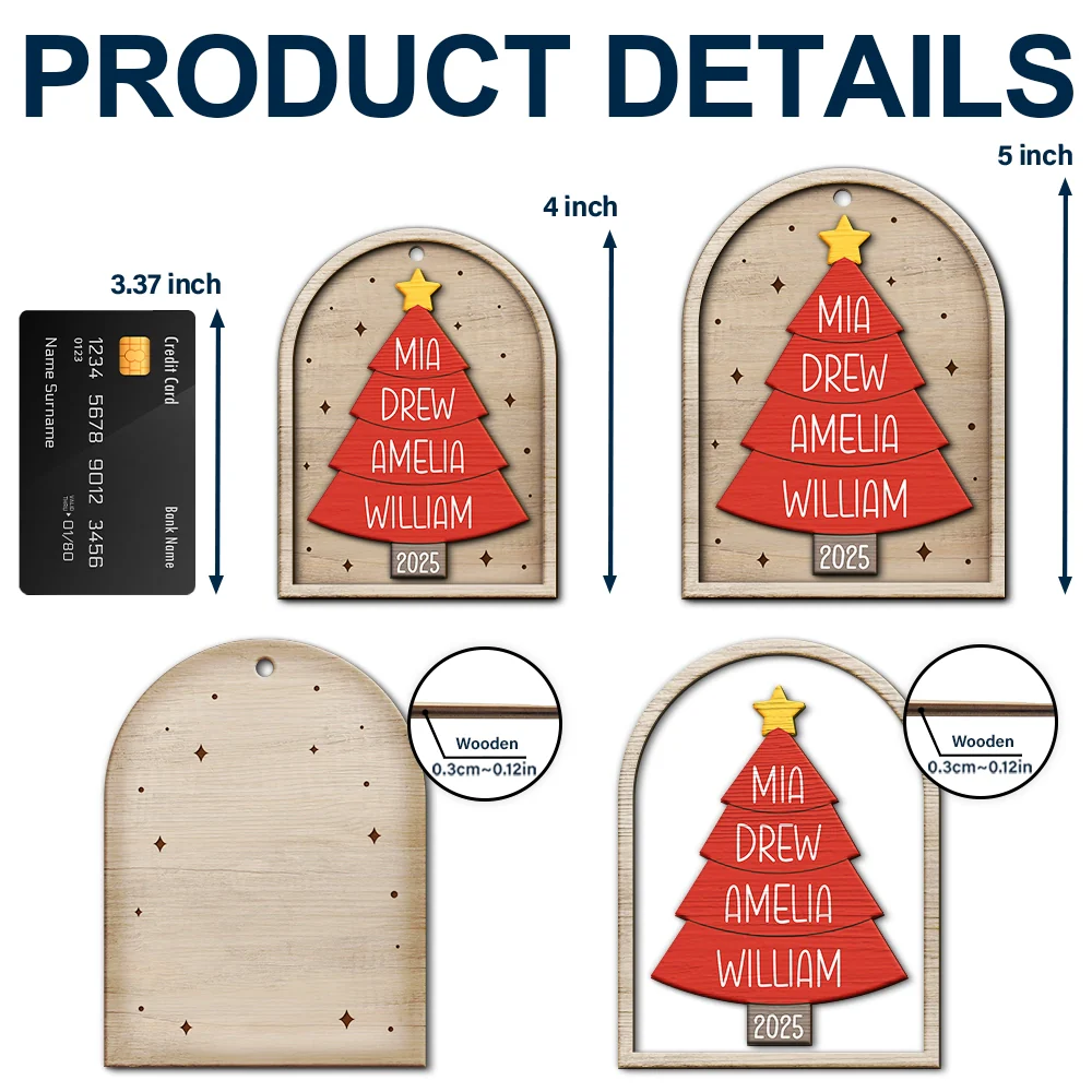 Happy Family Christmas Tree - Personalized 2-Layered Wooden Ornament - Image 5