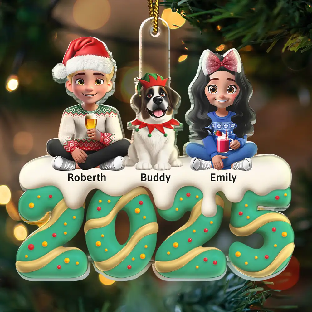 Happy Family Kid Dog Cat Christmas Tree Cake - Personalized Custom Shaped Acrylic Ornament - Image 3