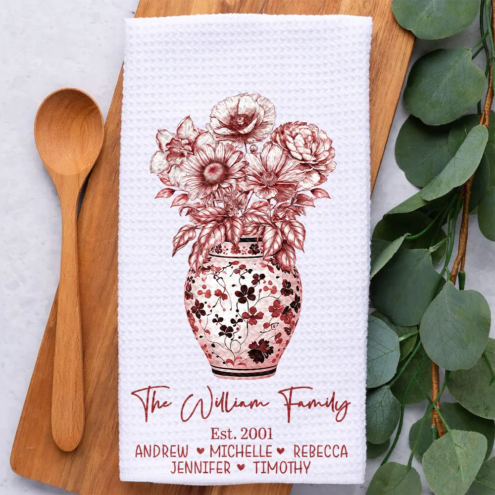 Happy Family Toile Birth Flower Vase - Personalized Kitchen Towel - Image 2
