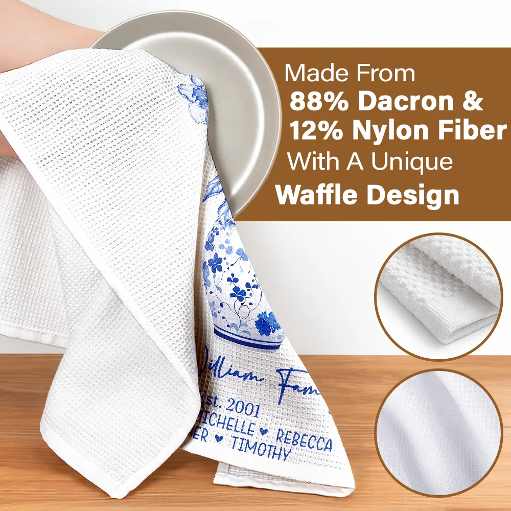 Happy Family Toile Birth Flower Vase - Personalized Kitchen Towel - Image 4