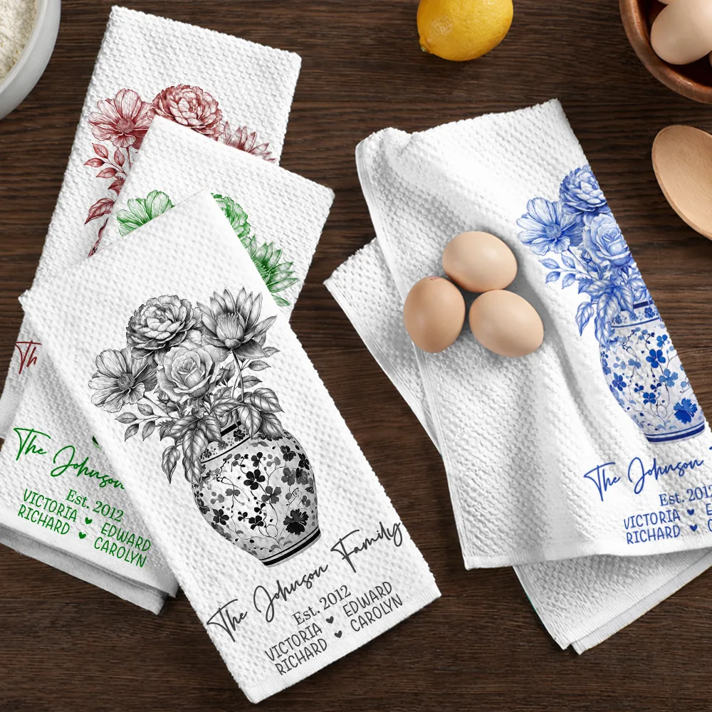 Happy Family Toile Birth Flower Vase - Personalized Kitchen Towel - Image 6