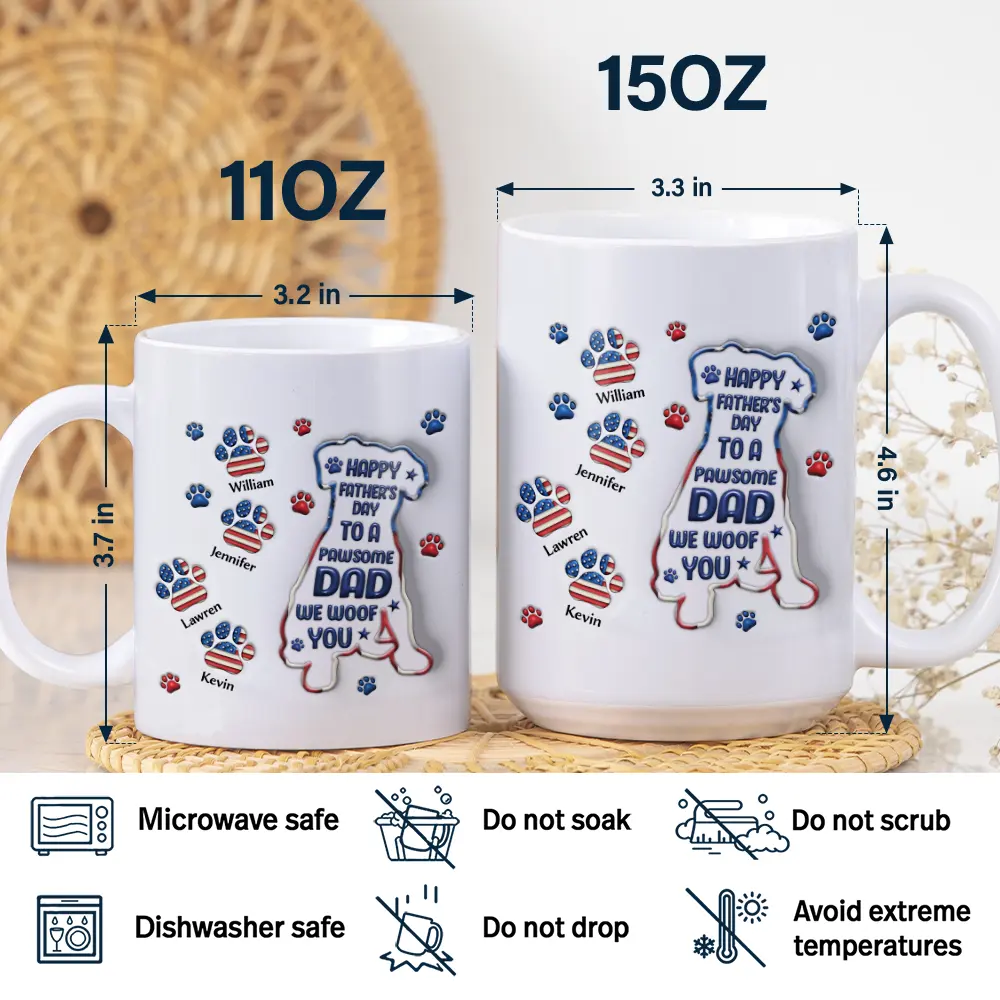 Happy Father's Day To A Pawsome Dad - 3D Inflated Effect Printed Mug, Personalized White Edge-to-Edge Mug - Image 5