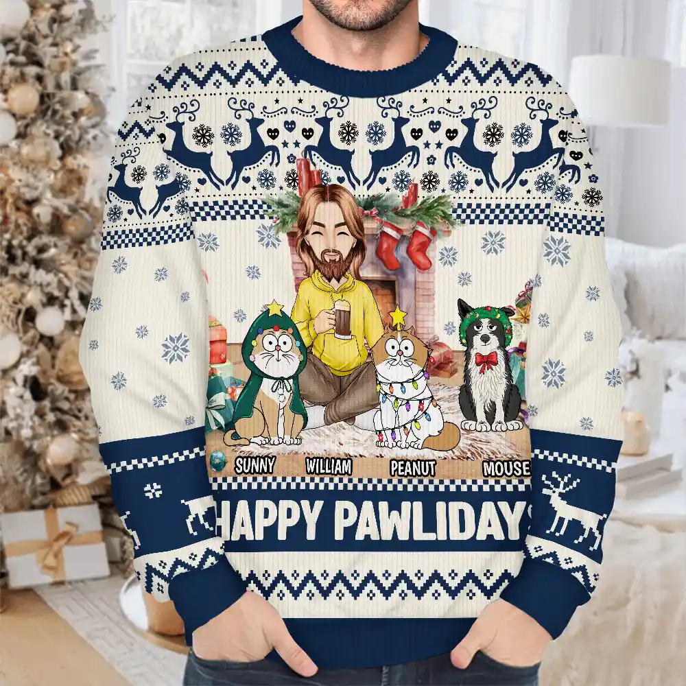 Happy Great Pawlidays Christmas Dogs Cats Pets - Personalized Unisex Ugly Sweater - Image 4