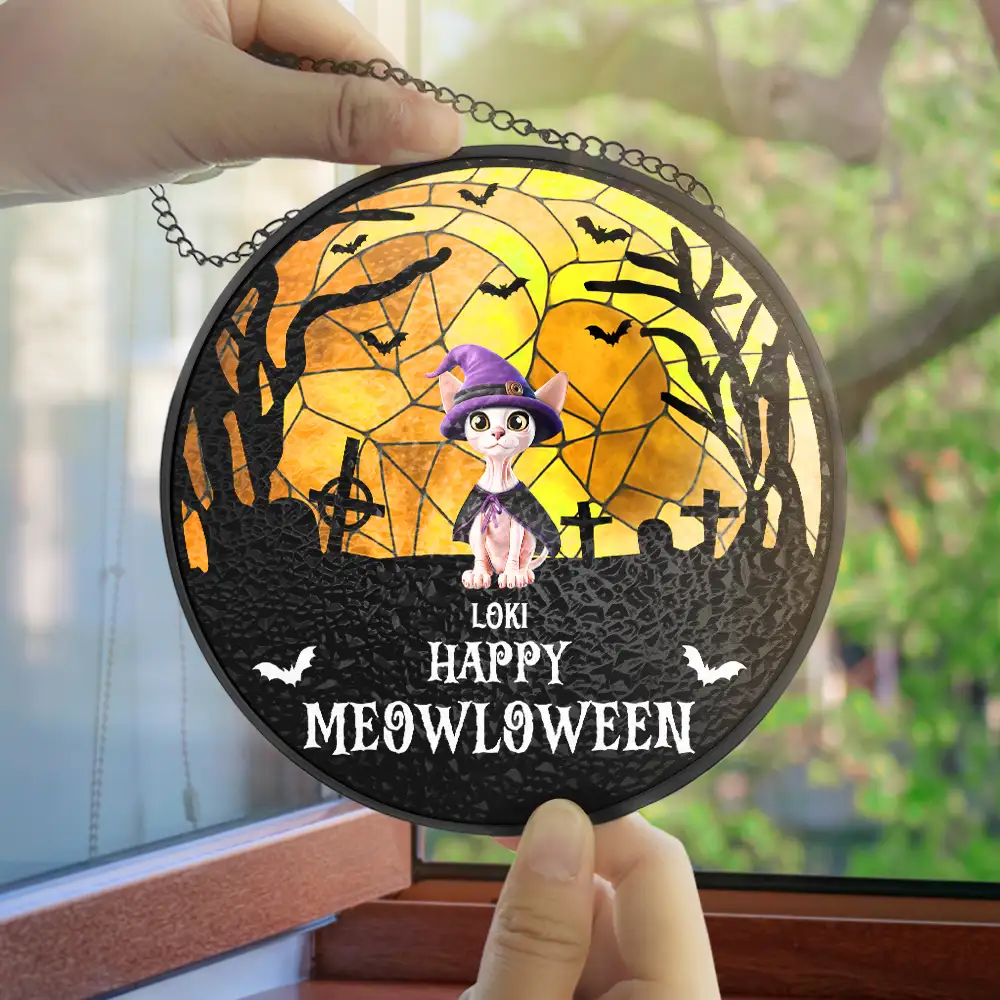 Happy Meowloween Halloween Pets - Personalized Stained Glass Window Hanging Suncatcher - Image 4