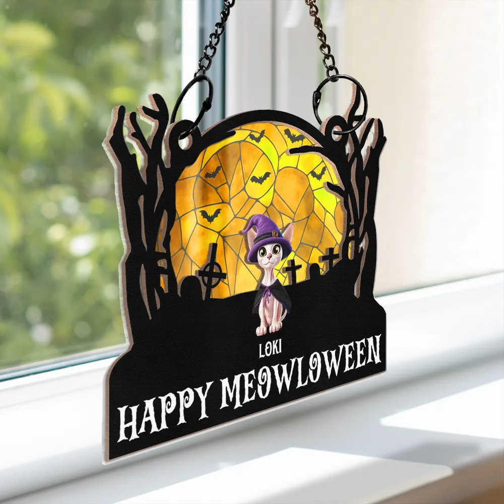 Happy Meowloween Halloween Pets - Personalized Window Hanging Suncatcher Ornament - Image 3