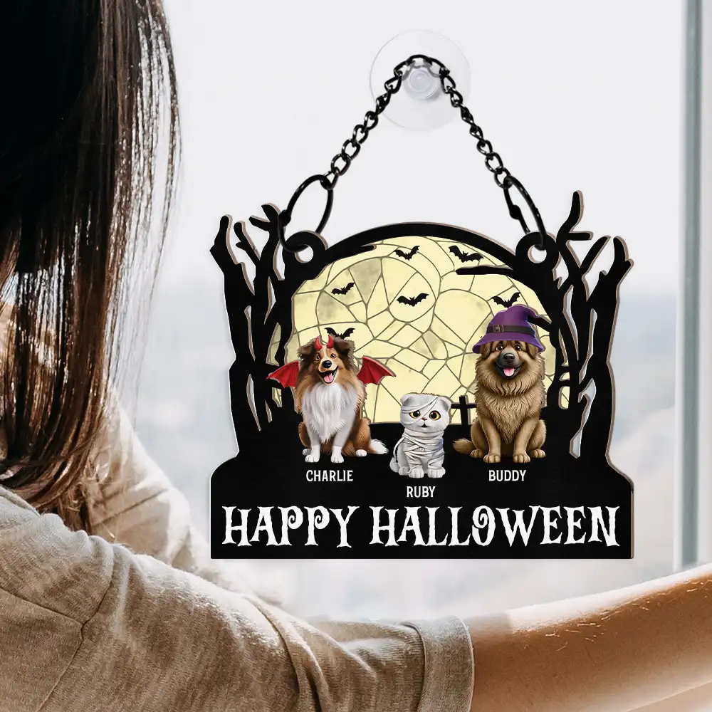 Happy Meowloween Halloween Pets - Personalized Window Hanging Suncatcher Ornament - Image 4