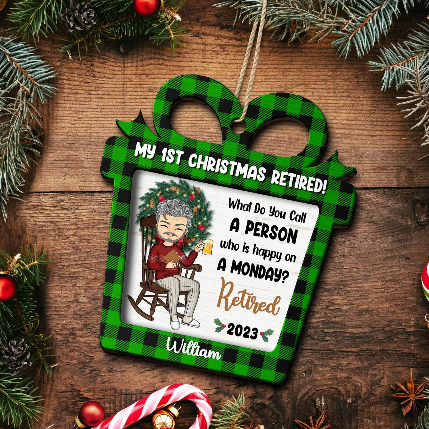 Happy On A Monday - Christmas Retirement Gift - Personalized 2-Layered Wooden Ornament - Image 5
