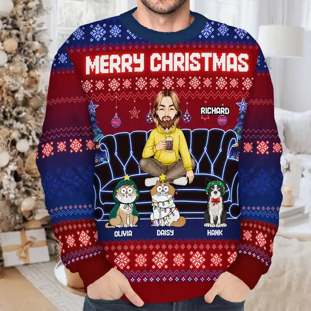 Happy Pawlidays Cartoon Dogs Cats Neon Christmas Light Style - Personalized Unisex Ugly Sweater - Image 4