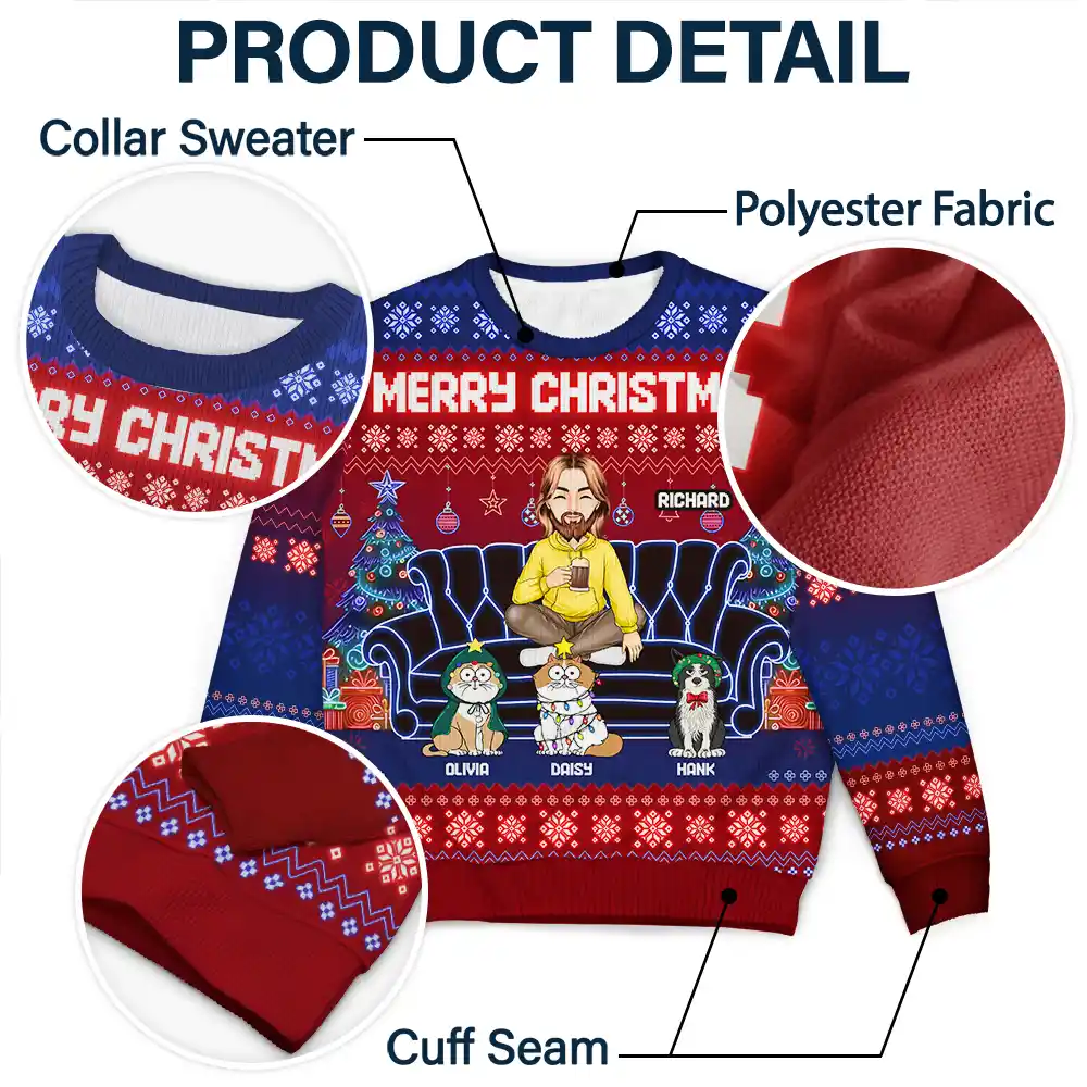 Happy Pawlidays Cartoon Dogs Cats Neon Christmas Light Style - Personalized Unisex Ugly Sweater - Image 6