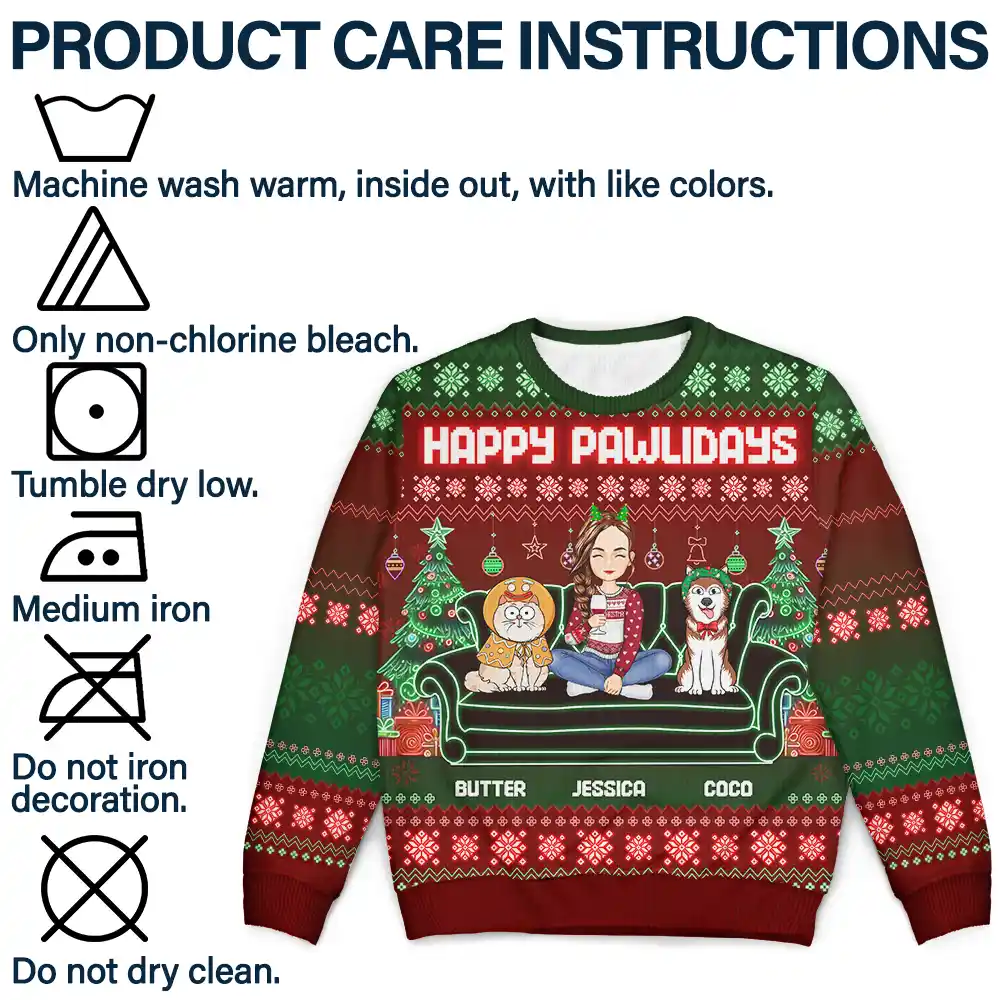Happy Pawlidays Cartoon Dogs Cats Neon Christmas Light Style - Personalized Unisex Ugly Sweater - Image 7