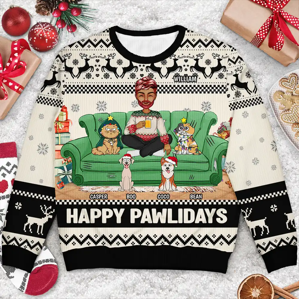 Happy Pawlidays Cartoon Girl - Personalized Unisex Ugly Sweater - Image 3