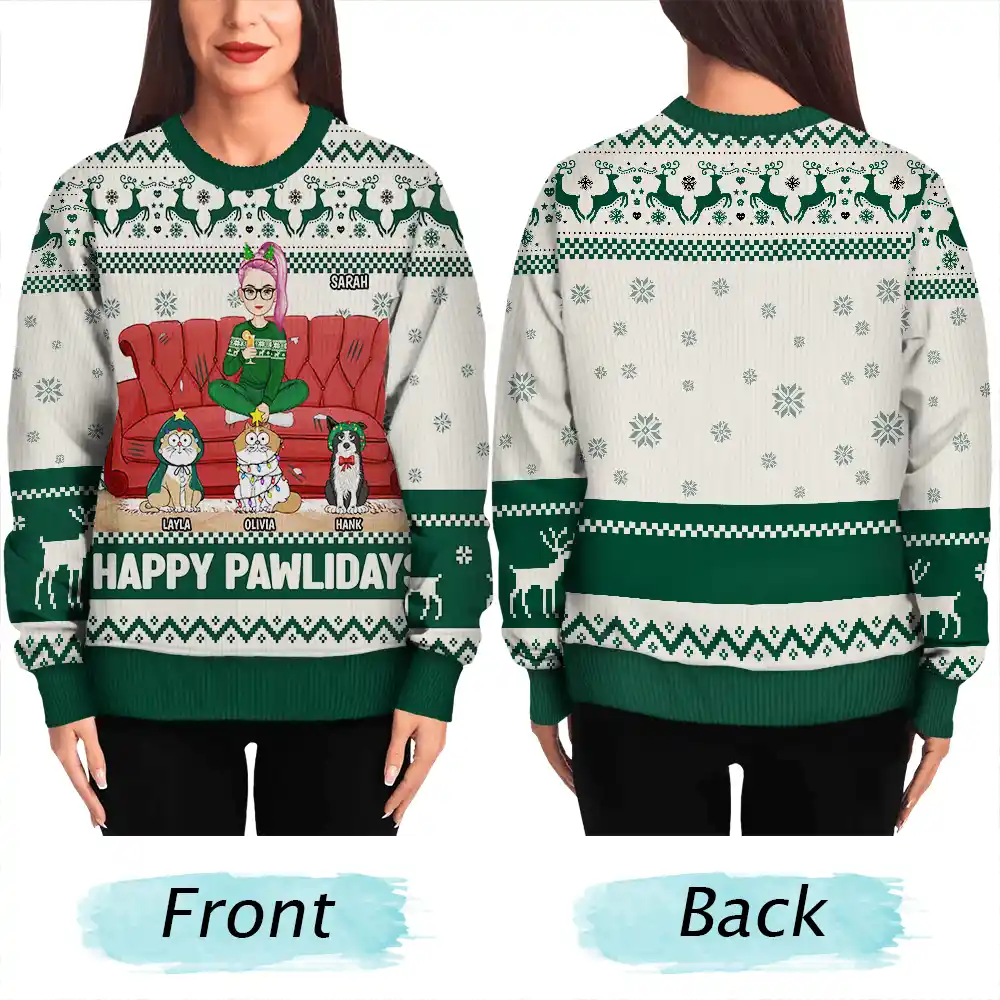 Happy Pawlidays Cartoon Girl - Personalized Unisex Ugly Sweater - Image 5