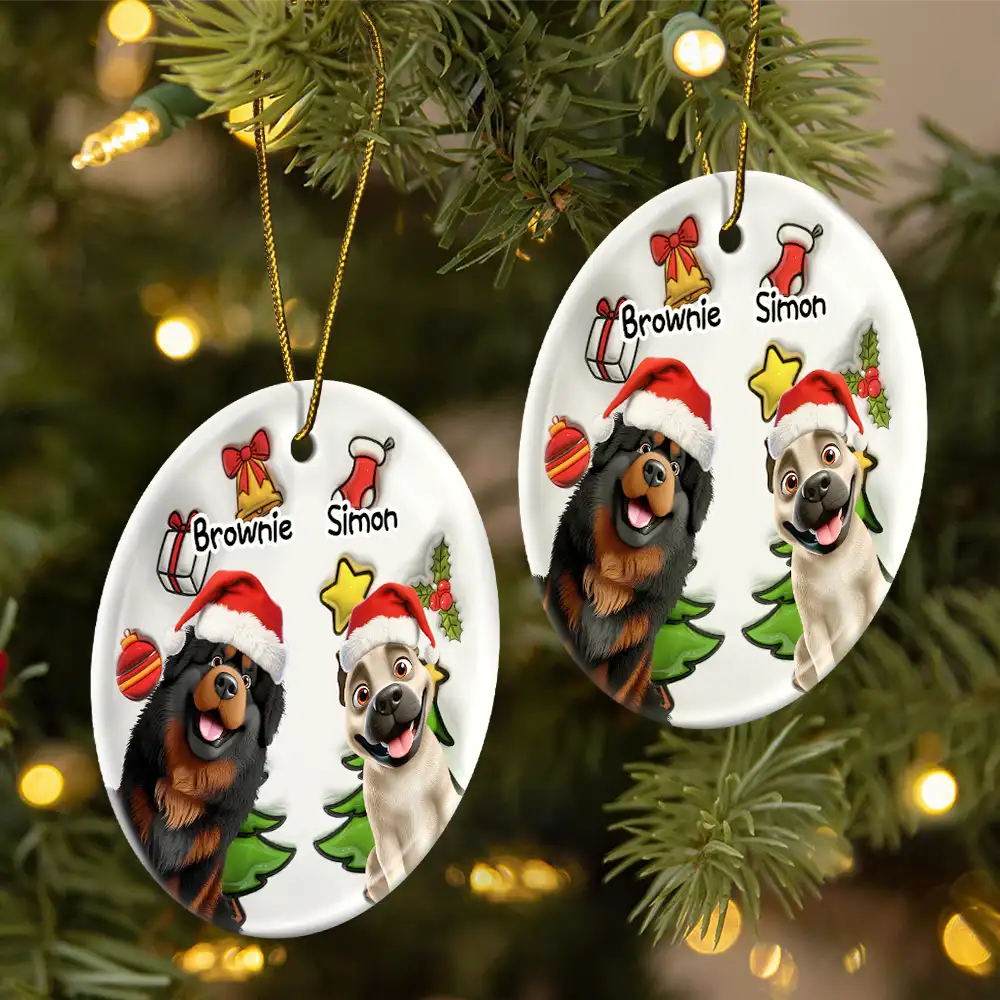 Happy Pawlidays Christmas Dog - 3D Inflated Effect Printed Ornament, Personalized Circle Ceramic Ornament - Image 2