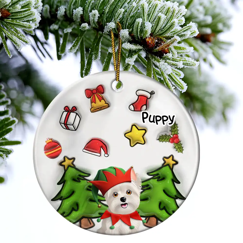 Happy Pawlidays Christmas Dog - 3D Inflated Effect Printed Ornament, Personalized Circle Ceramic Ornament - Image 4
