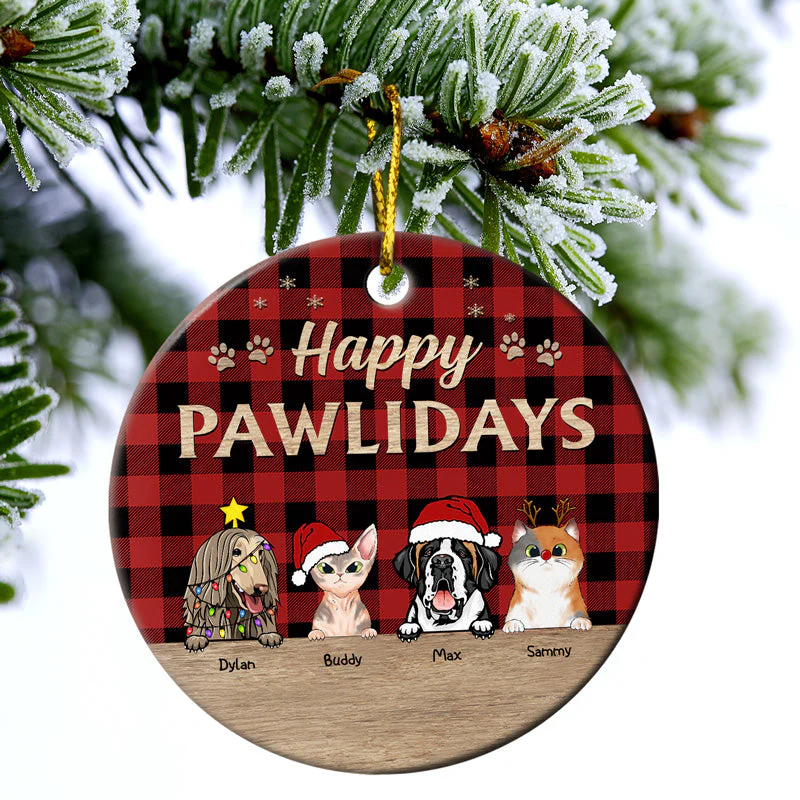 Happy Pawlidays Christmas Dog Cat - Christmas Gift For Dog Lovers & Cat Lovers - Personalized Custom Circle Ceramic Ornament - Image 3