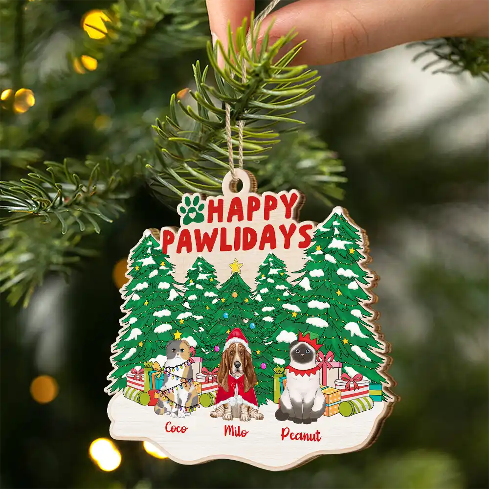 Happy Pawlidays Christmas Dogs Cats Sitting - Personalized Custom Shaped Wooden Ornament - Image 2
