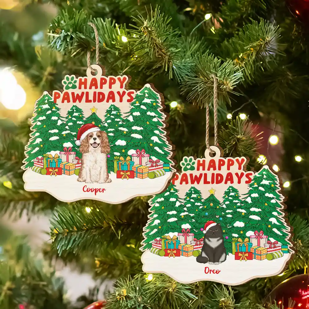 Happy Pawlidays Christmas Dogs Cats Sitting - Personalized Custom Shaped Wooden Ornament - Image 6
