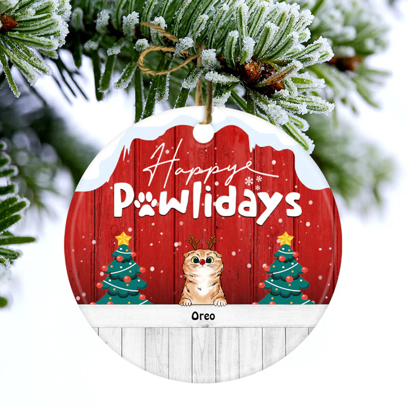 Happy Pawlidays - Christmas Gift For Dog Lovers & Cat Lovers - Personalized Custom Circle Ceramic Ornament - Image 3