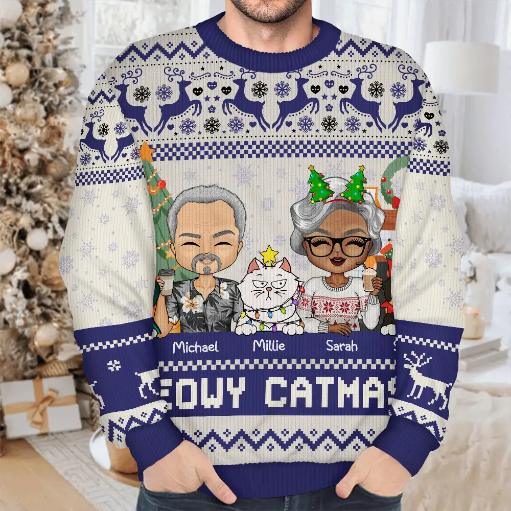 Happy Pawlidays Dog And Cat Couple Chibi - Personalized Unisex Ugly Sweater - Image 4