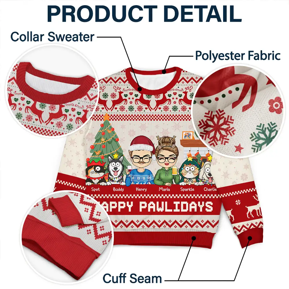 Happy Pawlidays Dog And Cat Couple Chibi - Personalized Unisex Ugly Sweater - Image 6