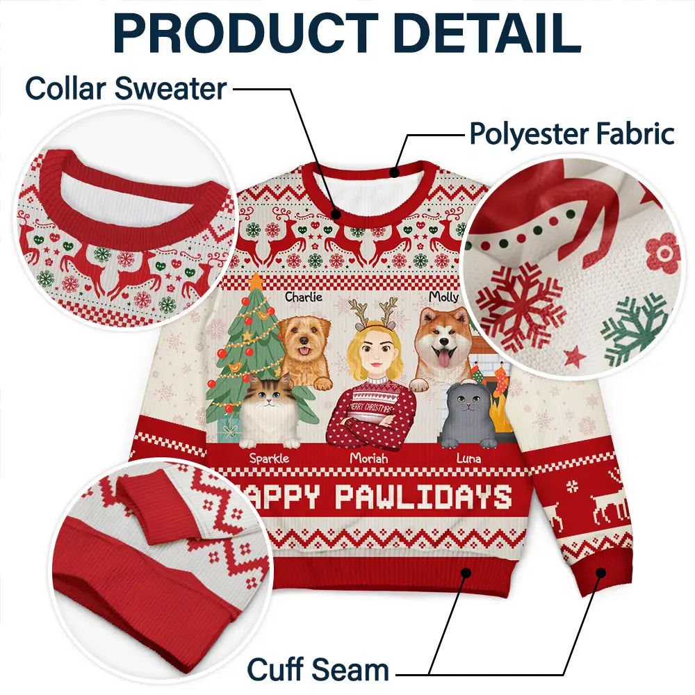Happy Pawlidays Dog And Cat Lover Flat Art - Personalized Unisex Ugly Sweater - Image 6