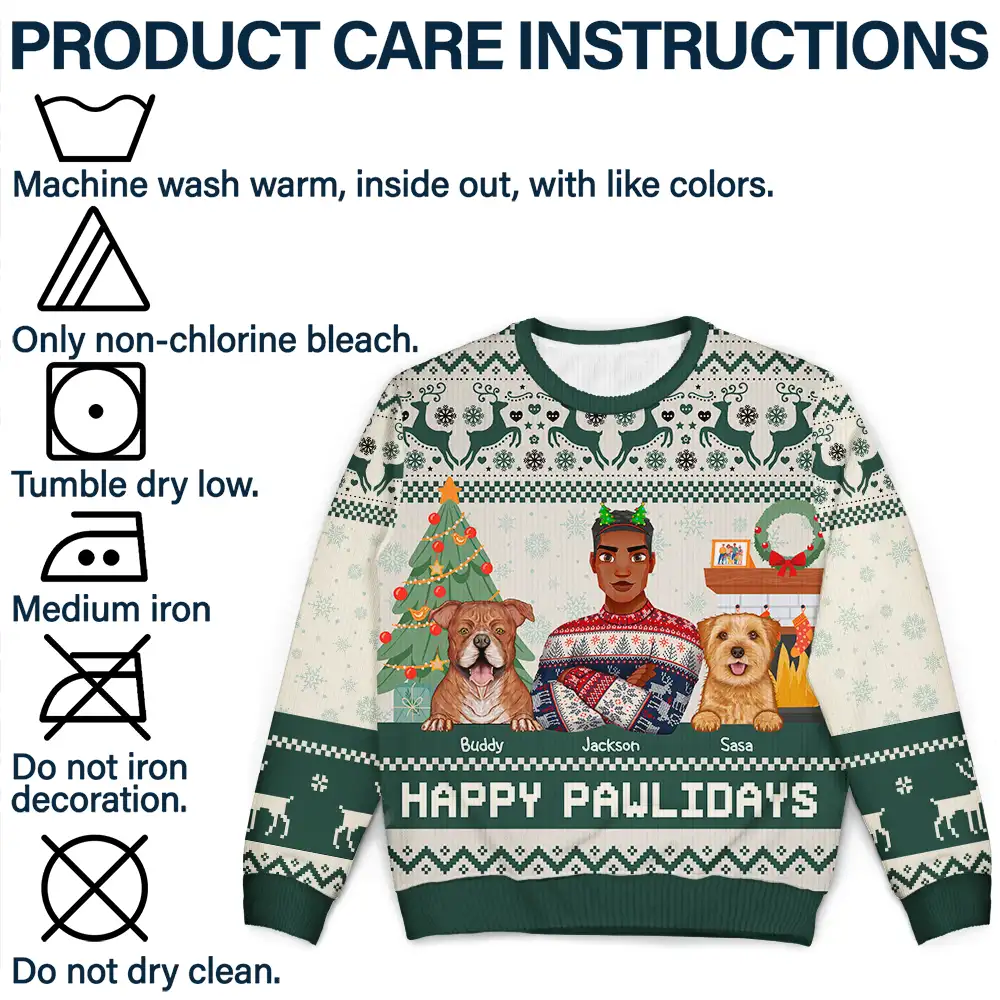 Happy Pawlidays Dog And Cat Lover Flat Art - Personalized Unisex Ugly Sweater - Image 7