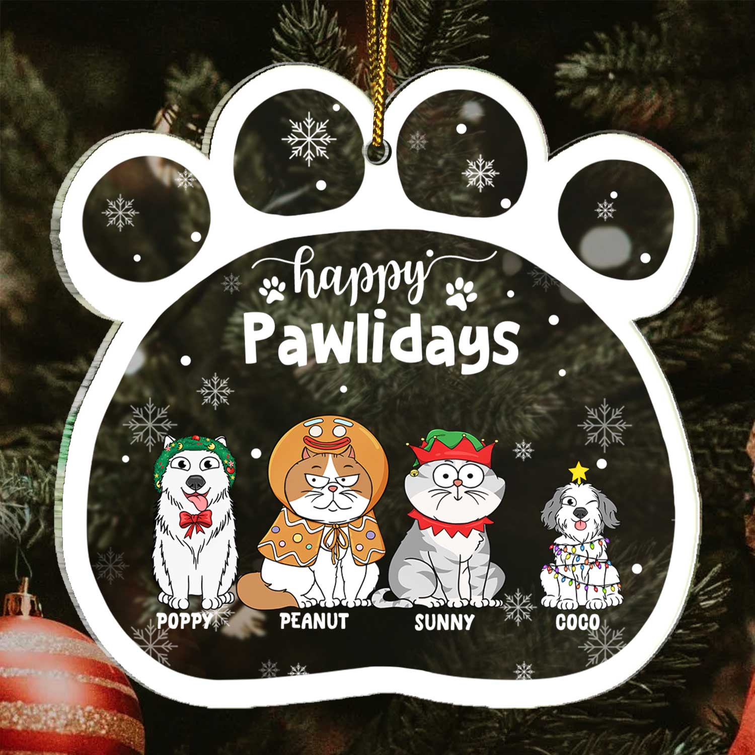 Happy Pawlidays Funny Cartoon Dogs Cats - Christmas Gift For Pet Lovers - Personalized Custom Shaped Acrylic Ornament - Image 3