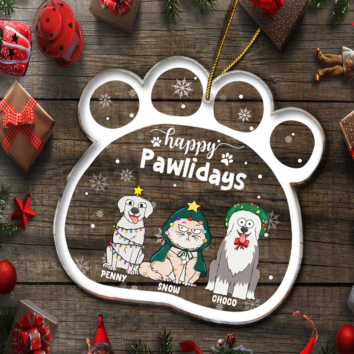 Happy Pawlidays Funny Cartoon Dogs Cats - Christmas Gift For Pet Lovers - Personalized Custom Shaped Acrylic Ornament - Image 5