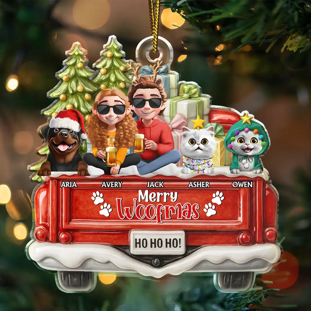 Happy Pawlidays Couple With Dogs Cats - Personalized Custom Shaped Acrylic Ornament - Image 3