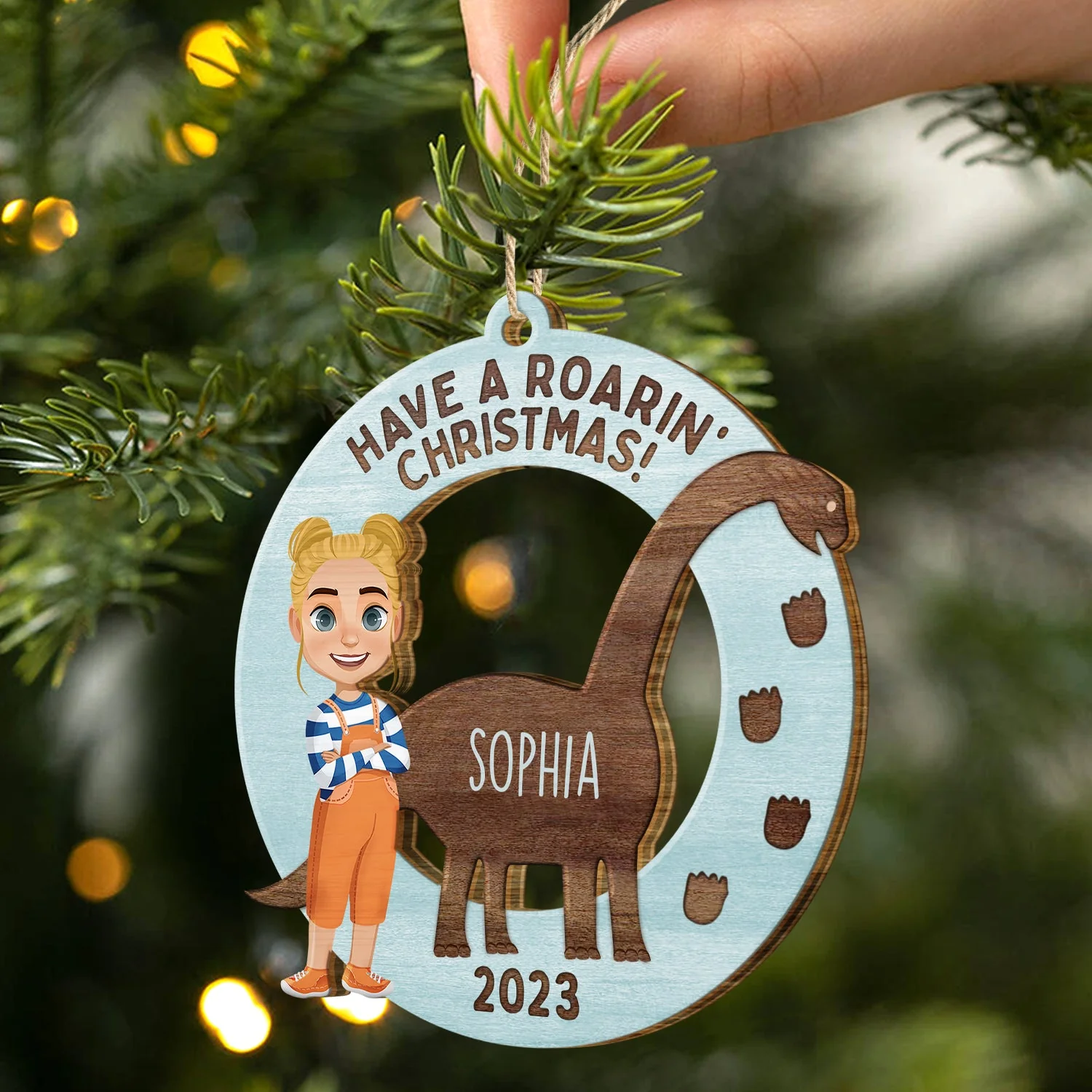 Have A Roarin' Christmas - Xmas Gift For Kid, Baby Loving Dinosaur - Personalized Wooden Cutout Ornament - Image 2