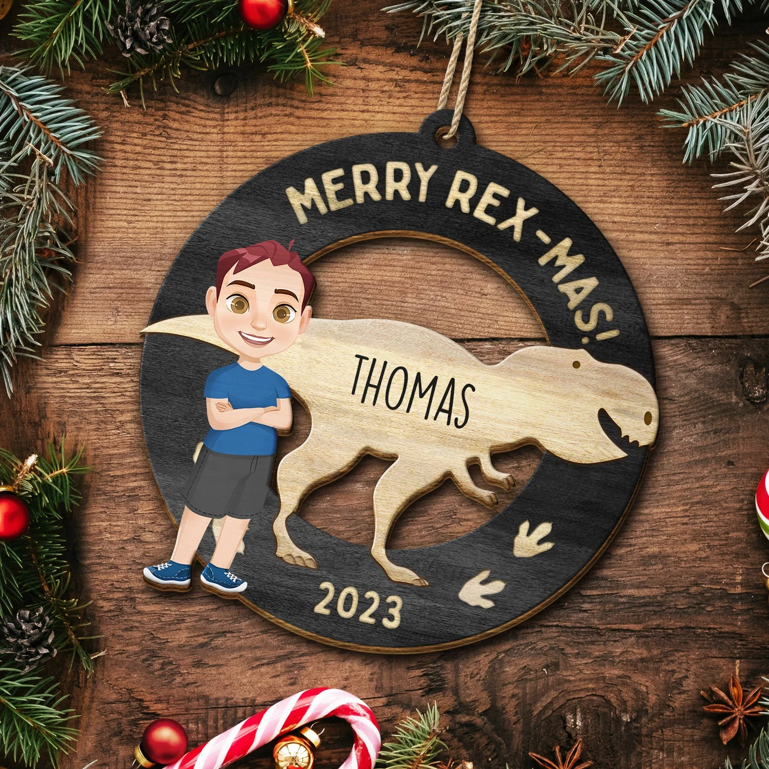 Have A Roarin' Christmas - Xmas Gift For Kid, Baby Loving Dinosaur - Personalized Wooden Cutout Ornament - Image 5