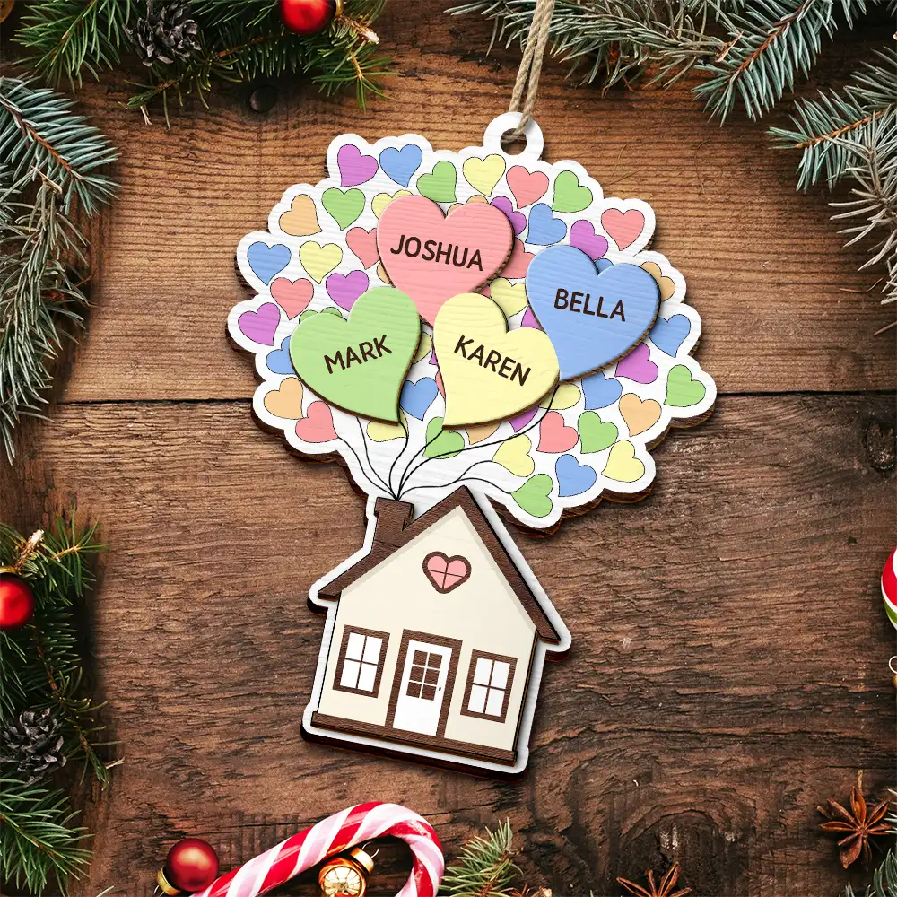 Heart Balloon House For Family - Personalized 2-Layered Wooden Ornament - Image 4