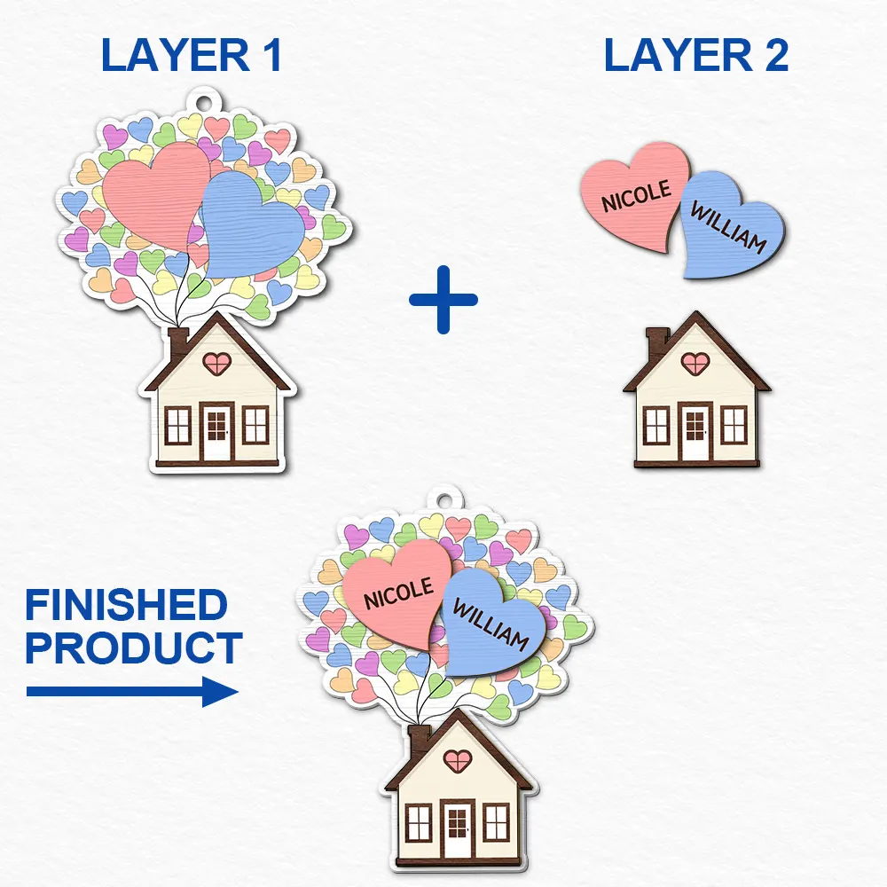 Heart Balloon House For Family - Personalized 2-Layered Wooden Ornament - Image 6