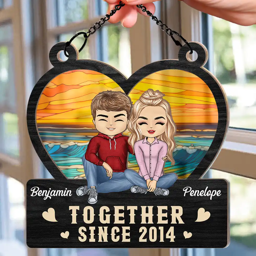 Heart Chibi Old Couple Together Since - Personalized Window Hanging Suncatcher Ornament - Image 2