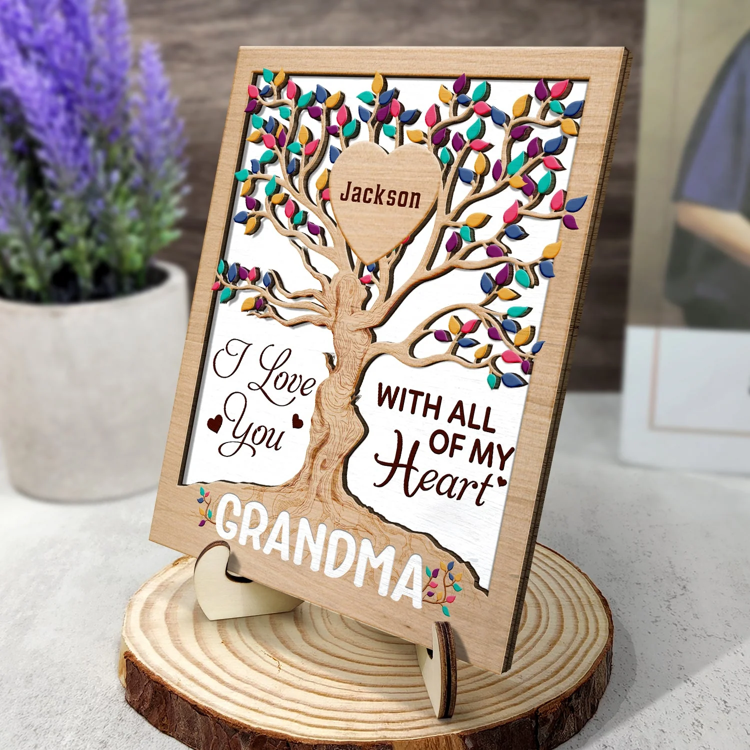 Heart Tree Mom - Birthday, Loving Gift For Mother, Grandma, Auntie - Personalized 2-Layered Wooden Plaque With Stand - Image 2
