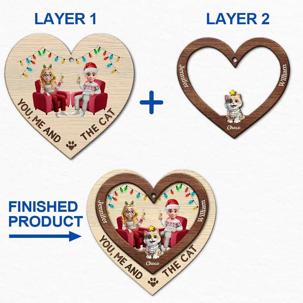 Heart You Me And The Cat - Personalized 2-Layered Wooden Ornament - Image 6