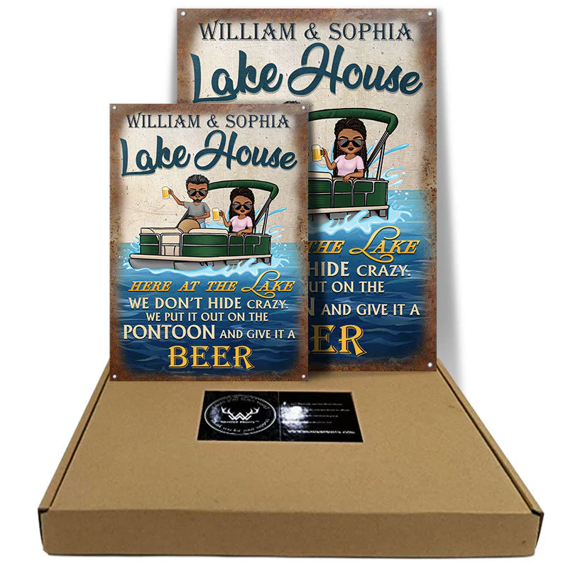 Here At The Lake Pontoon Husband Wife - Couple Gift - Personalized Custom Classic Metal Signs - Image 3