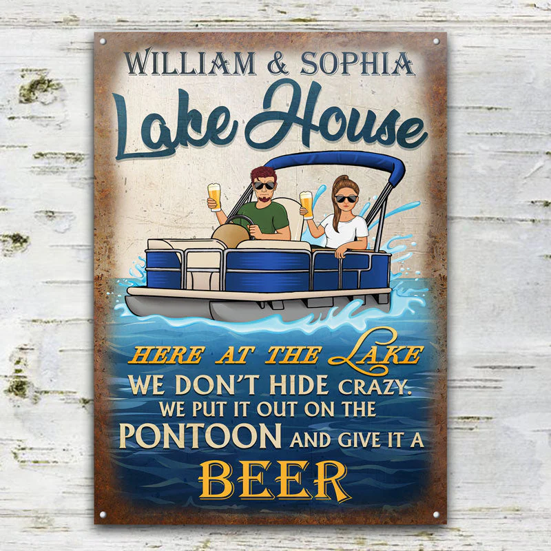 Here At The Lake Pontoon Husband Wife Couple - Lake House Sign - Personalized Custom Classic Metal Signs - Image 2