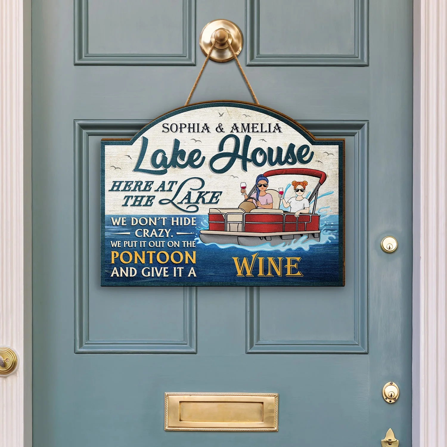 Here At The Lake We Don't Hide Crazy Pontoon - Home Decor, Backyard Decor, Lake House Sign, Gift For Her, Him, Family, Couples, Husband, Wife - Personalized Custom Shaped Wood Sign - Image 3