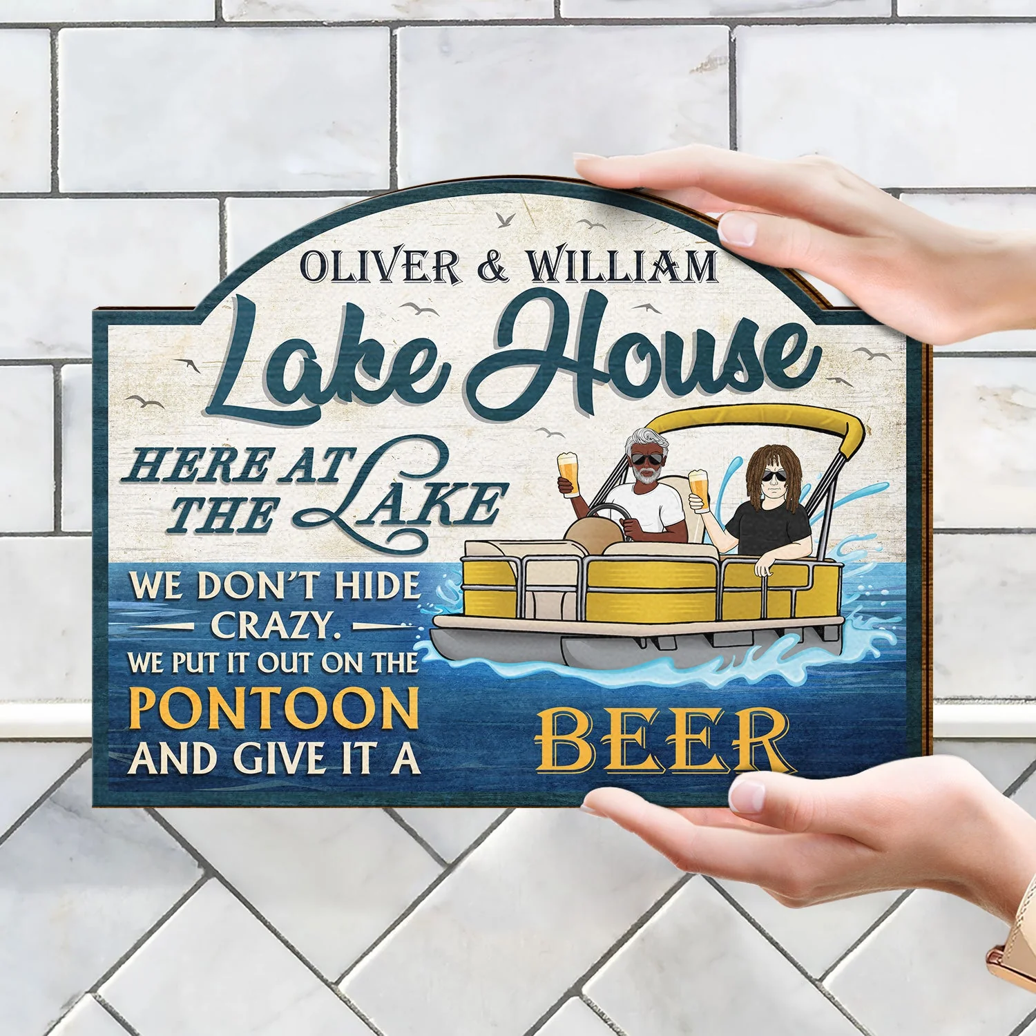 Here At The Lake We Don't Hide Crazy Pontoon - Home Decor, Backyard Decor, Lake House Sign, Gift For Her, Him, Family, Couples, Husband, Wife - Personalized Custom Shaped Wood Sign - Image 4