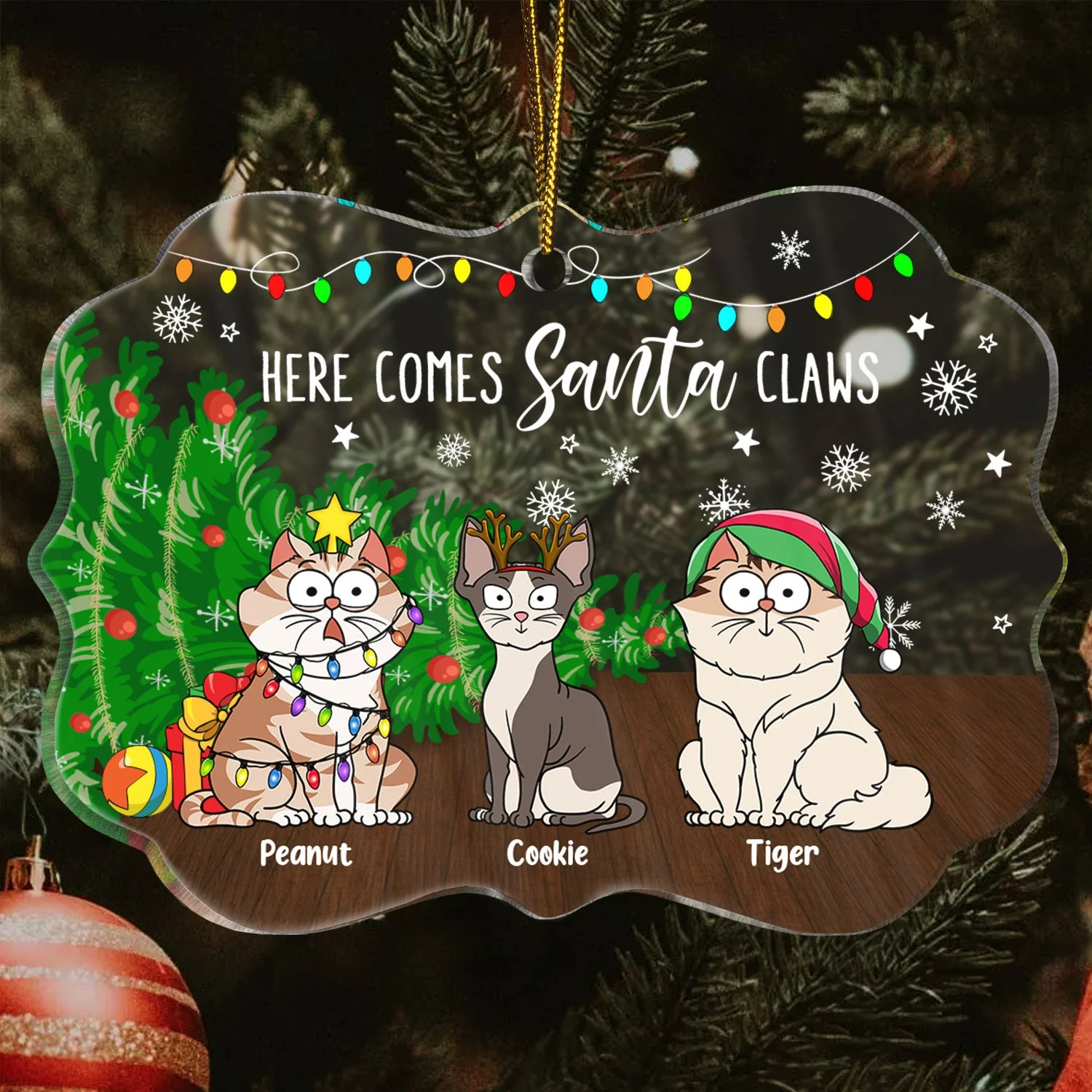 Here Comes Santa Claws Funny Cartoon Cats - Christmas Gift For Cat Lovers - Personalized Medallion Acrylic Ornament - Image 3